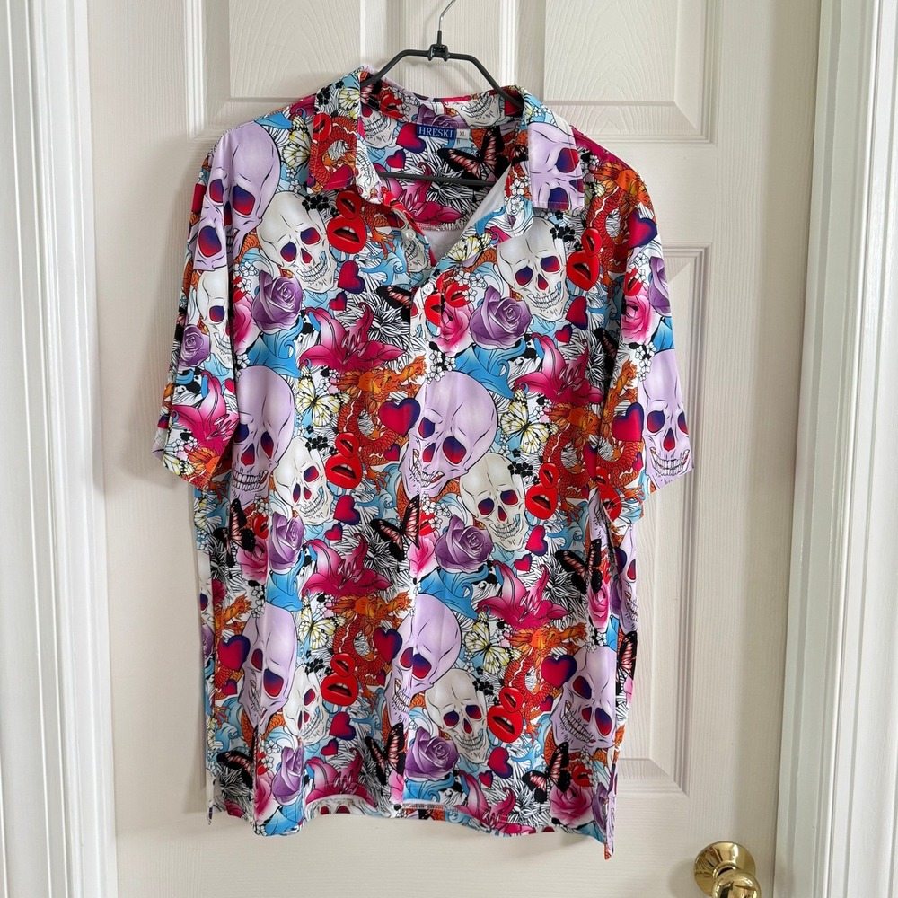HRESKI Mens XL Skull & Roses Dragon Graphic Golf Polo Short Sleeve Shirt